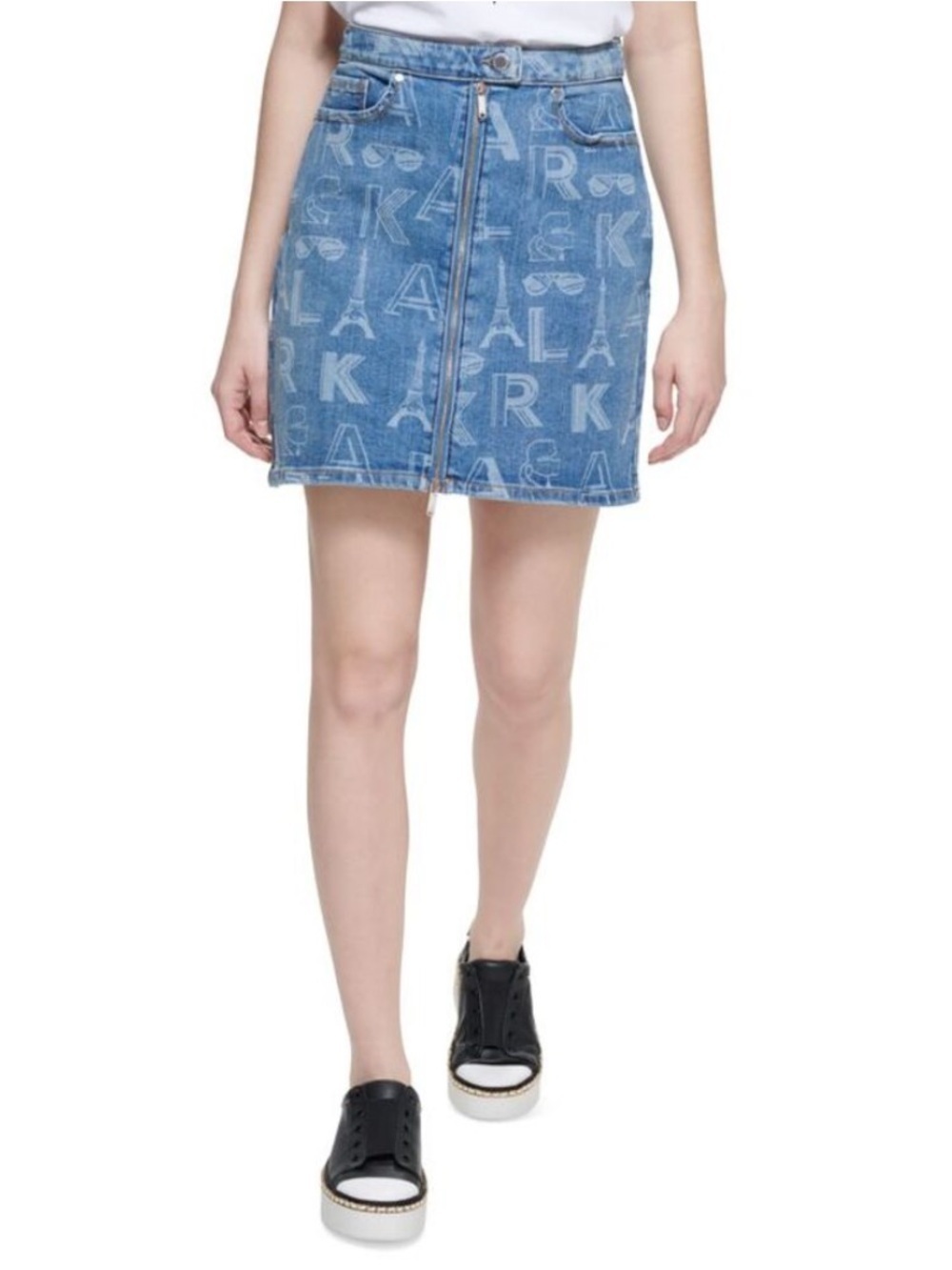 Karl Lagerfeld Paris Logo Print Mini Skirt Denim Size 16